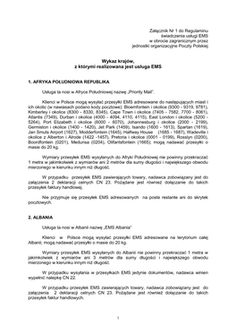 Załącznik Nr 1 Do Regulaminu Świadczenia Usługi EMS W Obrocie Zagranicznym Przez Jednostki Organizacyjne Poczty Polskiej