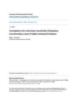 Investigation Into Listronotus Maculicollis (Coleoptera: Curculionidae), a Pest of Highly Maintained Turfgrass