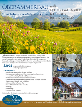 Oberammergau with Father Gallagher Munich-Innsbruck-Salzburg-Vienna & Friends June 12 - 21, 2020