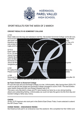 Sport Results for the Week of 2 March