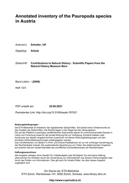 Annotated Inventory of the Pauropoda Species in Austria