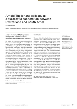 Arnold Theiler and Colleagues: a Successful Cooperation Between Switzerland and South Africa1