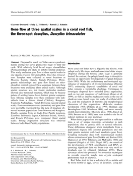 Gene ¯Ow at Three Spatial Scales in a Coral Reef ®Sh, the Three-Spot Dascyllus, Dascyllus Trimaculatus