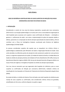 Rede De Referência Hospitalar Para Os Casos Suspeitos De Infecção Pelo Novo Coronavírus 2019-Ncov No Estado Da Bahia