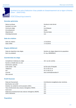 Syndicat À La Carte D'adduction D'eau Potable Et D'assainissement De La Région D'andres (Siren : 200073765)