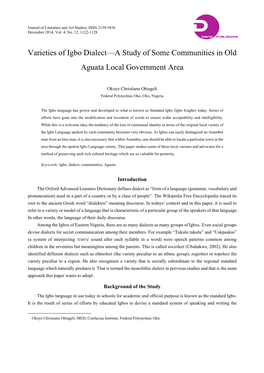 Varieties of Igbo Dialect—A Study of Some Communities in Old Aguata Local Government Area