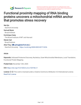 Functional Proximity Mapping of RNA Binding Proteins Uncovers a Mitochondrial Mrna Anchor That Promotes Stress Recovery