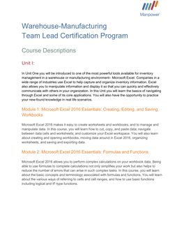 Warehouse-Manufacturing Team Lead Certification Program