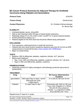 BC Cancer Protocol Summary for Adjuvant Therapy for Urothelial Carcinoma Using Cisplatin and Gemcitabine