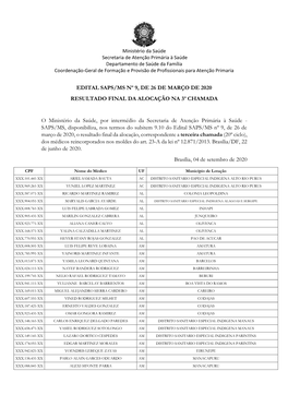 Edital Saps/Ms Nº 9, De 26 De Março De 2020 Resultado Final Da Alocação Na 3º Chamada