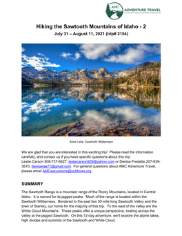 Hiking the Sawtooth Mountains of Idaho - 2 July 31 – August 11, 2021 (Trip# 2154)