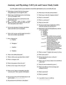 Anatomy and Physiology Cell Cycle and Cancer Study Guide