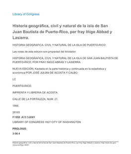 Historia Geográfica, Civil Y Natural De La Isla De San Juan Bautista De Puerto-Rico, Por Fray Iñigo Abbad Y Lasierra