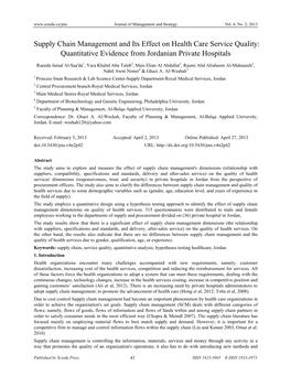 Supply Chain Management and Its Effect on Health Care Service Quality: Quantitative Evidence from Jordanian Private Hospitals