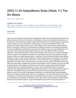 2003-11-24 Satipatthana Sutta (Week 11) the Six Bases