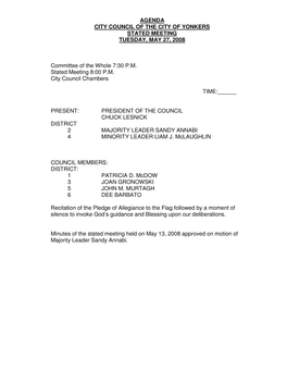 Agenda City Council of the City of Yonkers Stated Meeting Tuesday, May 27, 2008