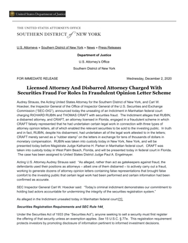 Licensed Attorney and Disbarred Attorney Charged with Securities Fraud for Roles in Fraudulent Opinion Letter Scheme