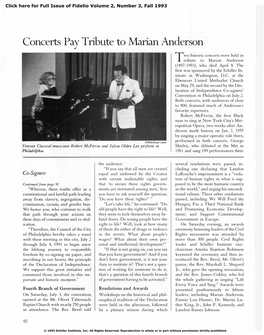 Concerts Pay Tribute to Marian Anderson Wo Historic Concerts Were Held in Ttribute to Marian Anderson (1897 -1993), Who Died April 8