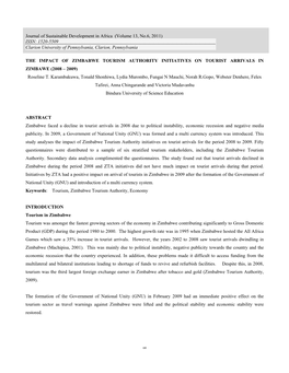 THE IMPACT of ZIMBABWE TOURISM AUTHORITY INITIATIVES on TOURIST ARRIVALS in ZIMBAWE (2008 – 2009) Roseline T. Karambakuwa