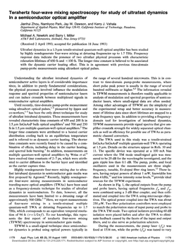 Terahertz Four-Wave Mixing Spectroscopy for Study of Ultrafast Dynamics in a Semiconductor Optical Amplifier Jianhui Zhou, Namkyoo Park, Jay W