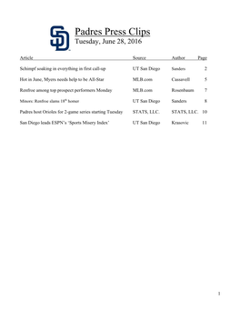 Padres Press Clips Tuesday, June 28, 2016
