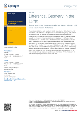 Differential Geometry in the Large Seminar Lectures New York University 1946 and Stanford University 1956 Series: Lecture Notes in Mathematics