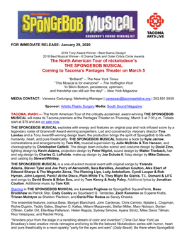 The North American Tour of Nickelodeon's the SPONGEBOB MUSICAL Coming to Tacoma's Pantages Theater on March 5