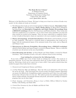 The Book Review Column1 by William Gasarch Department of Computer Science University of Maryland at College Park College Park, MD, 20742 Email: Gasarch@Cs.Umd.Edu