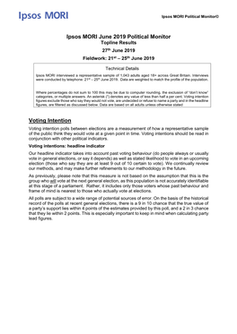 Ipsos MORI June 2019 Political Monitor Voting Intention