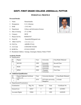 Govt. First Grade College Jidekallu, Puttur Personal