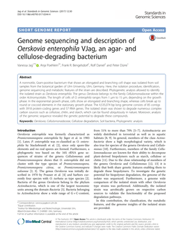 Genome Sequencing and Description of Oerskovia Enterophila Vjag, an Agar- and Cellulose-Degrading Bacterium Vanessa Jag1*† , Anja Poehlein2†, Frank R