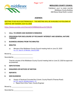 MIDDLESEX COUNTY COUNCIL TUESDAY, JULY 14, 2020 1:00 PM Middlesex County Building 399 Ridout Street North, London