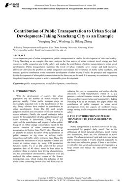 Contribution of Public Transportation to Urban Social Development-Taking Nanchang City As an Example Yunqiang Xue*, Wenlong Li, Dilong Zhang