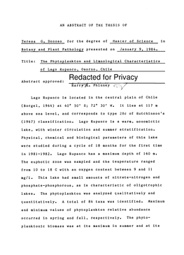 The Phytoplankton and Limnological Characteristics of Lago Rupanco, Osorno, Chile