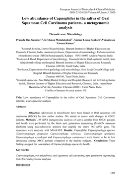 Low Abundance of Capnophiles in the Saliva of Oral Squamous Cell Carcinoma Patients- a Metagenomic Analysis