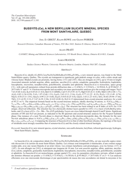 A New Beryllium Silicate Mineral Species from Mont Saint-Hilaire, Quebec