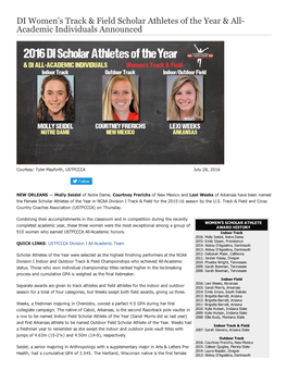 DI Women's Track & Field Scholar Athletes of the Year & All Academic