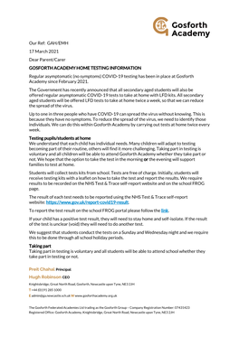 Preit Chahal Principal Hugh Robinson CEO Our Ref: GAH/EMH 17 March 2021 Dear Parent/Carer GOSFORTH ACADEMY HOME TESTING INFORM