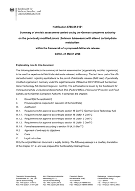 Summary of Risk Assessment of a Deliberate Release