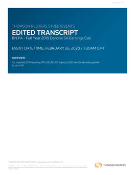 Full Year 2019 Danone SA Earnings Call on February 26, 2020 / 7:30AM