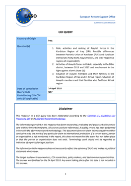 1. Role, Activities and Ranking of Asayish Forces in the Kurdistan Region of Iraq (KRI)