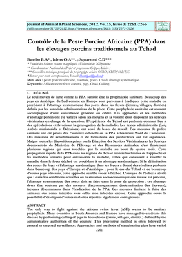 Contrôle De La Peste Porcine Africaine (PPA) Dans Les Élevages Porcins Traditionnels Au Tchad