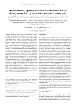 Proximal Femur Lag Screw Placement Based on Bone Mineral Density Determined by Quantitative Computed Tomography