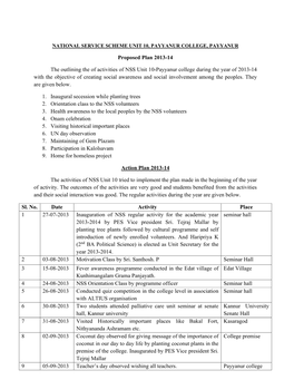 Proposed Plan 2013-14 the Outlining the of Activities of NSS Unit 10