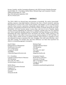 Income, Liquidity, and the Consumption Response to the 2020 Economic Stimulus Payments Scott R