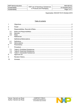 NXP Semiconductors NXP List of Hazardous Substances in Products