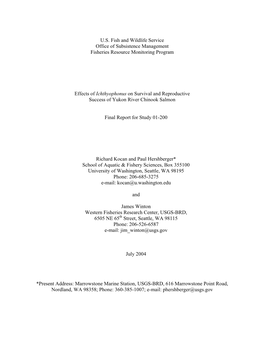 Effects of Ichthyophonus on Survival and Reproductive Success of Yukon River Chinook Salmon