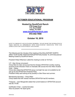 OCTOBER EDUCATIONAL PROGRAM Hosted by Southfork