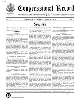 Congressional Record United States Th of America PROCEEDINGS and DEBATES of the 114 CONGRESS, SECOND SESSION