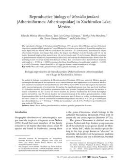 Reproductive Biology of Menidia Jordani (Atheriniformes: Atherinopsidae) in Xochimilco Lake, Mexico